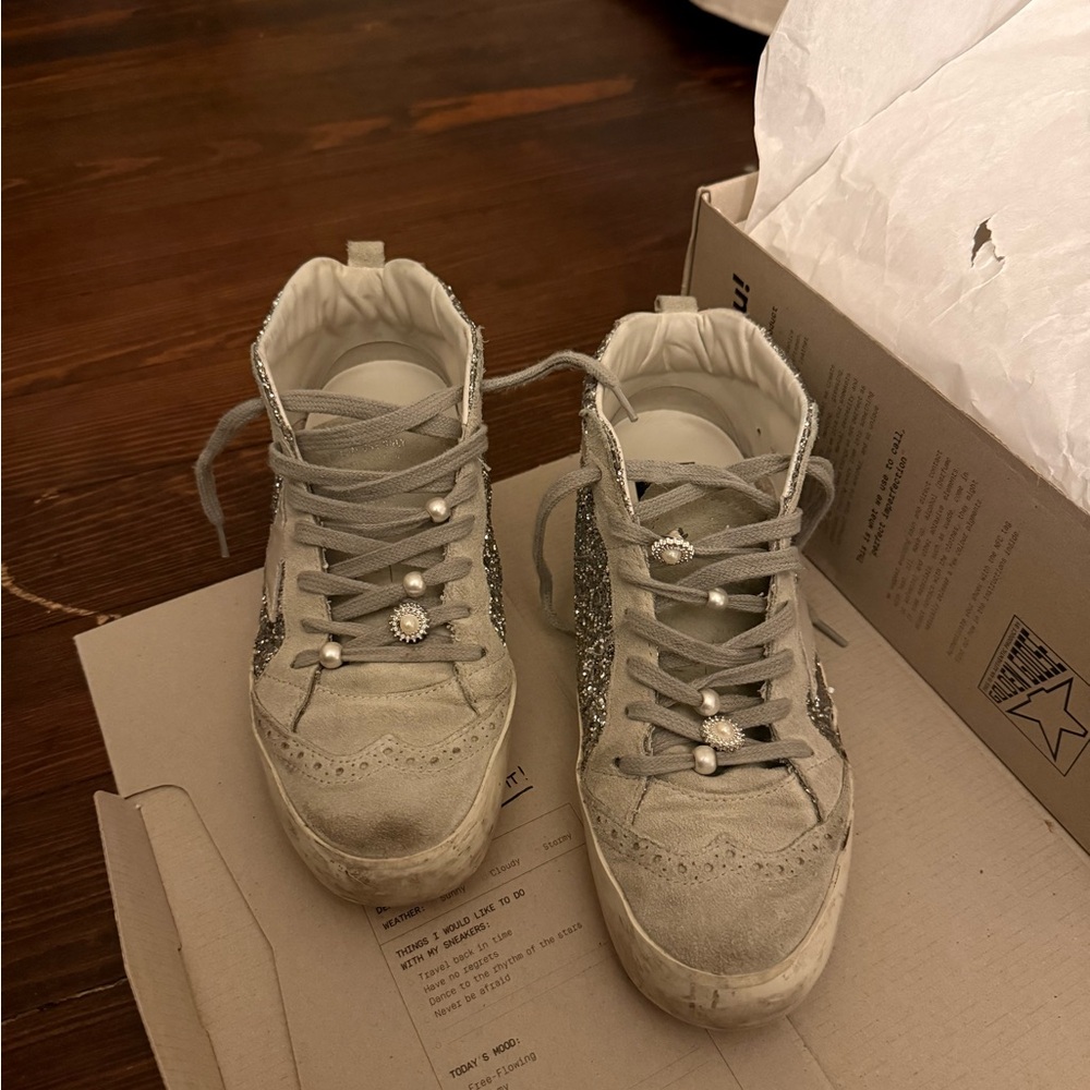 Golden Goose Silver and Pink Mid Star Sneakers with Pearl Charms size 38